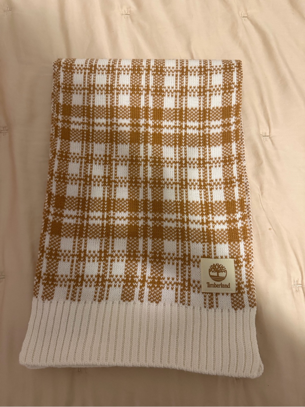 Timberland Plaid Knit Scarf Tan White Neutral OS NWOT - Picture 2 of 11